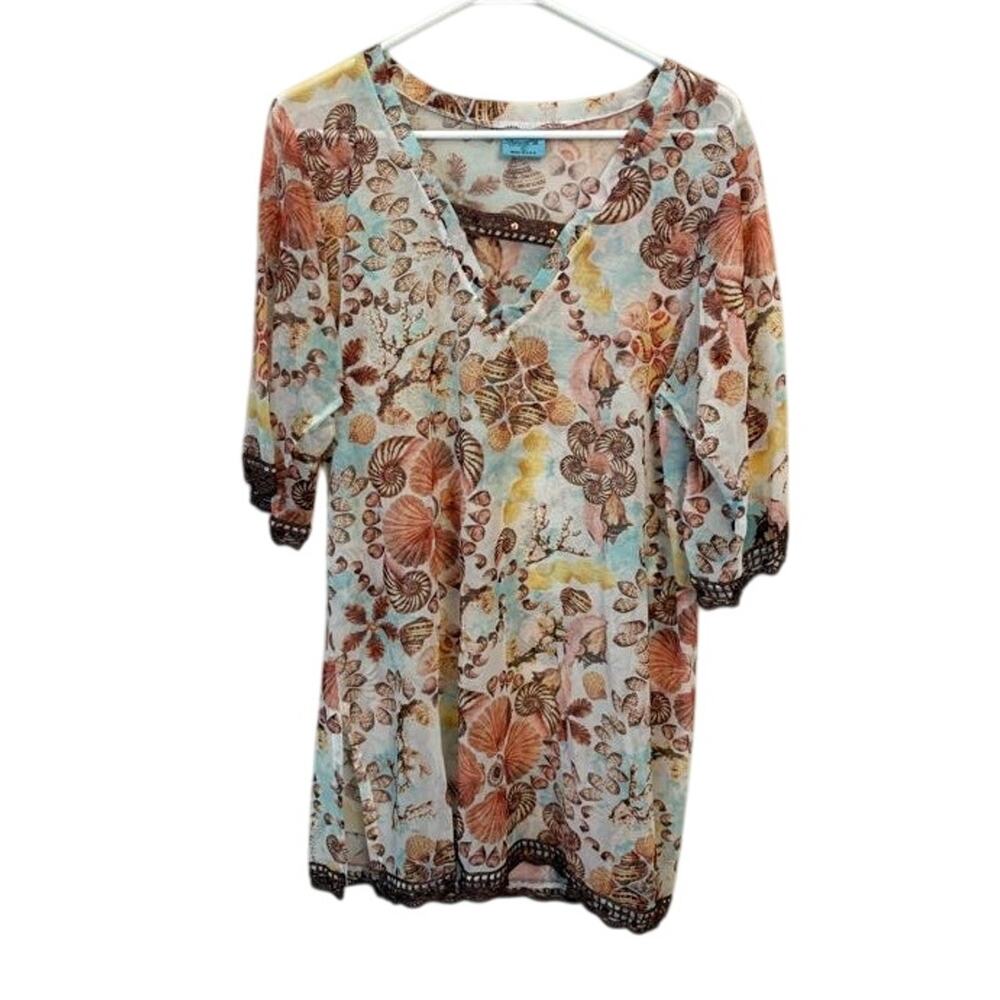 Letarte Floral Seashell Tunic Top Sheer Mesh Crochet Swim Cover Multicolor Large